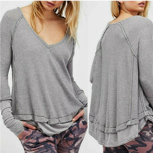 We The Free Pastel Blue V-Neck Waffle Knit Thermal Swing Tee T-Shirt Top - Picture 6 of 11